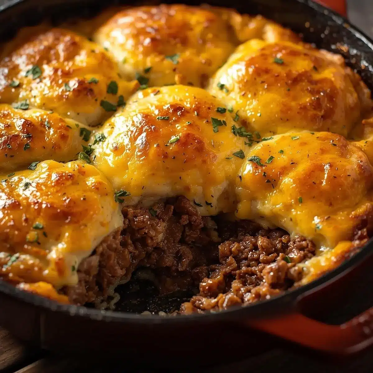 Delicious Cheddar Bay Ground Beef Cobbler served in a rustic dish