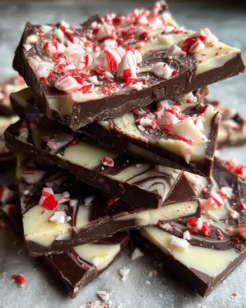 Delicious chocolate peppermint bark on a festive plate