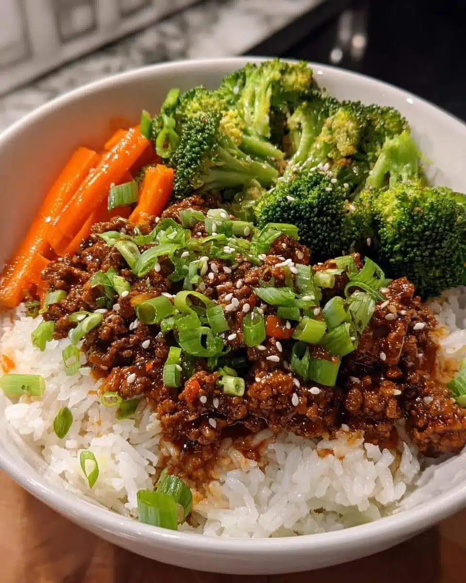 Delicious Korean Ground Beef Bowl served in a bowl with vegetables and rice