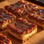 Delicious pecan pie cheesecake bars served on a white platter
