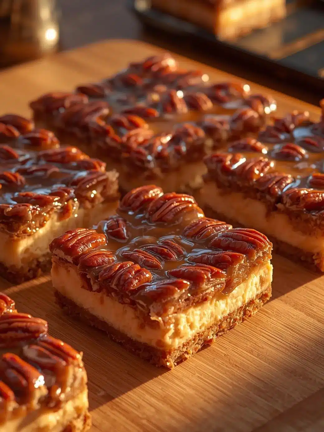 Delicious pecan pie cheesecake bars served on a white platter