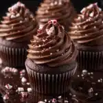 Delicious peppermint mocha cupcakes decorated with chocolate and peppermint frosting.