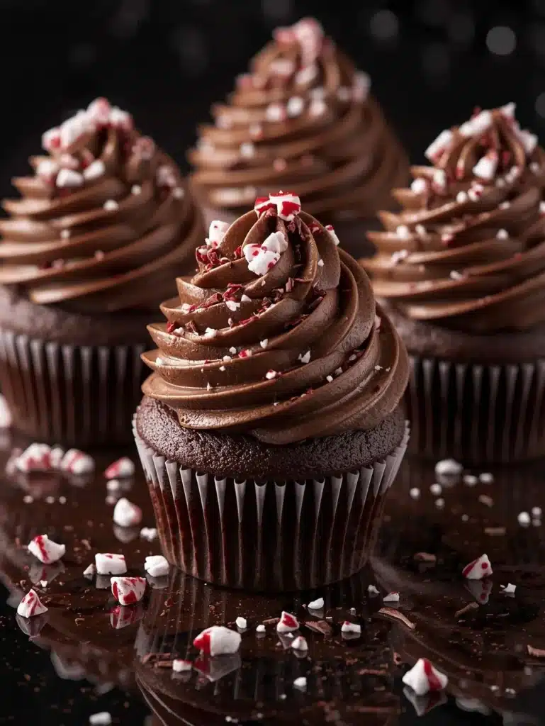 Delicious peppermint mocha cupcakes decorated with chocolate and peppermint frosting.