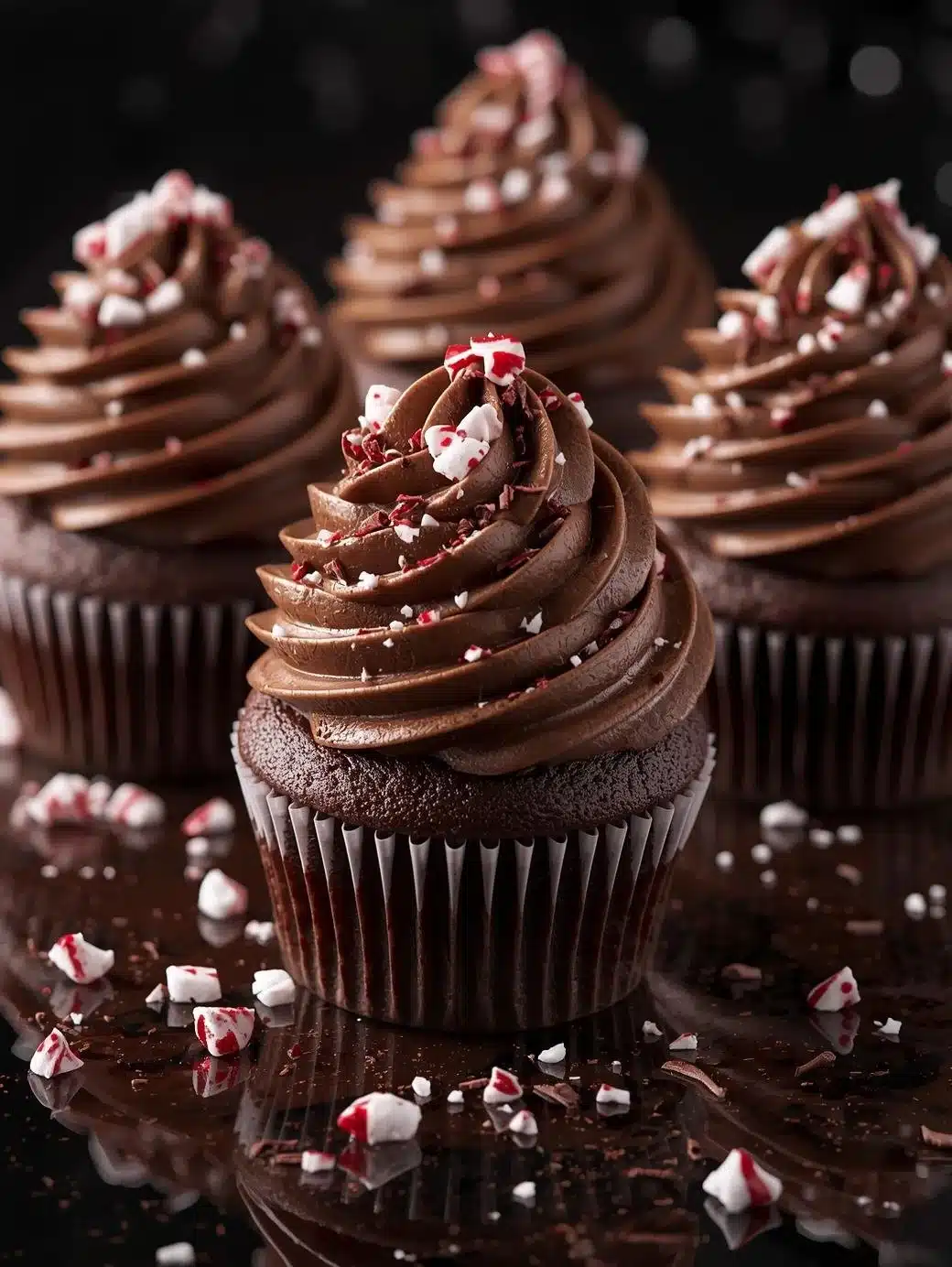 Delicious peppermint mocha cupcakes decorated with chocolate and peppermint frosting.