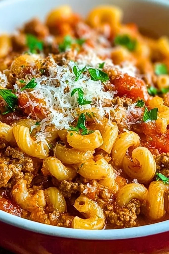 Bowl of delicious American Goulash with pasta and ground beef