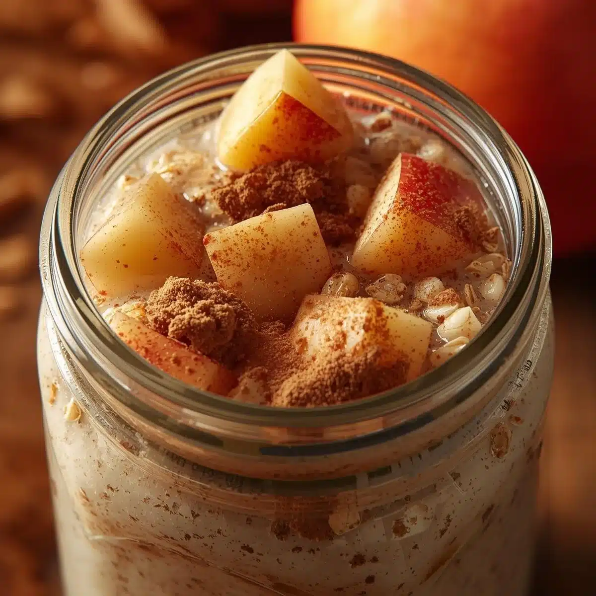 Bowl of apple cinnamon overnight oats topped with fresh apple slices and cinnamon