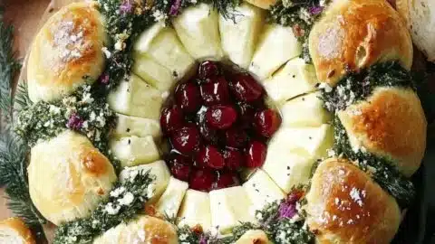 Festive Baked Brie and Bread Wreath served on a platter for a holiday party