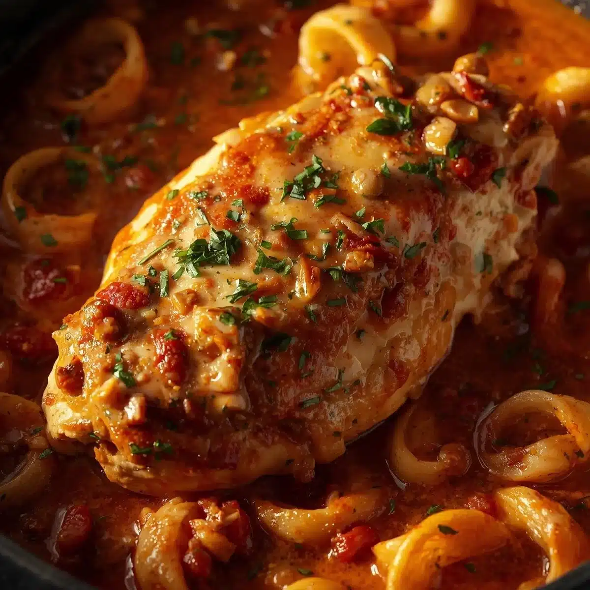 Baked Tuscan Chicken Breast with herbs and tomatoes served on a plate