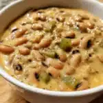 Creamy Southern black eyed peas in a bowl garnished with herbs