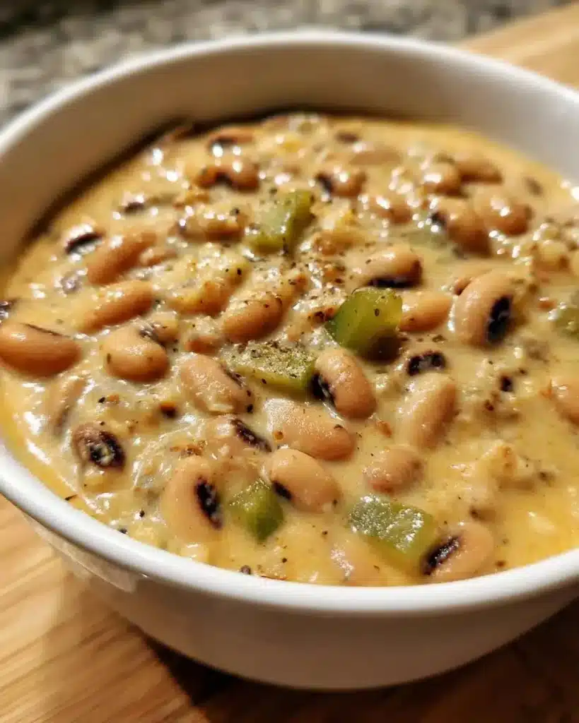 Creamy Southern black eyed peas in a bowl garnished with herbs