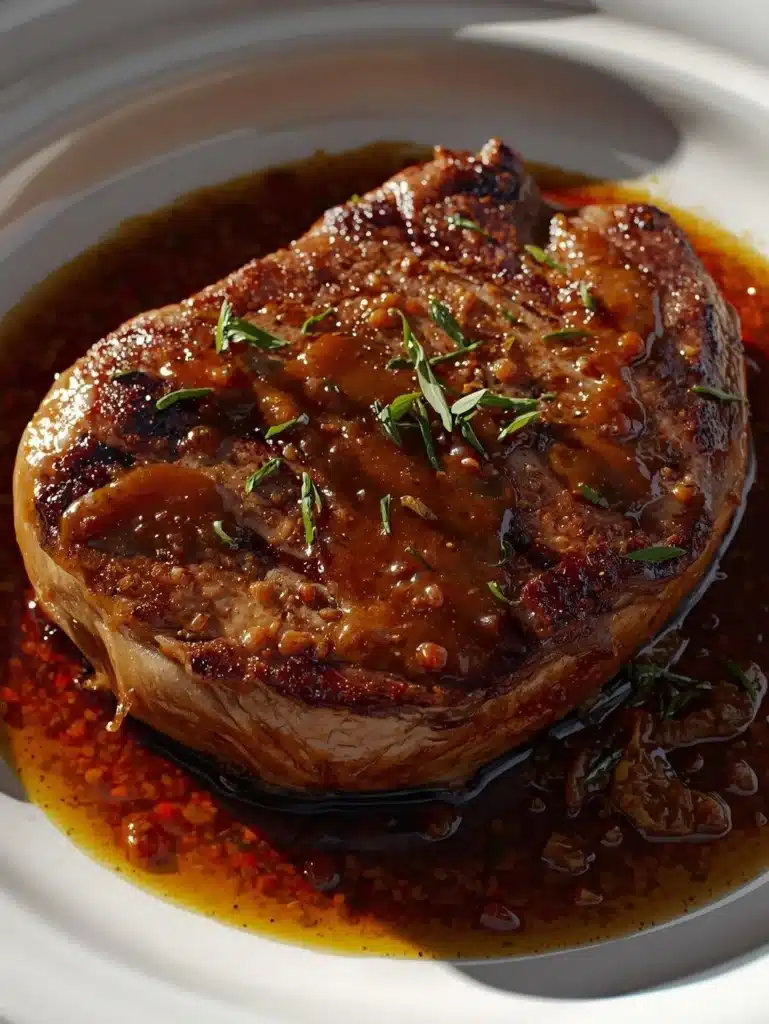 Delicious Bourbon Garlic Steak served with a fresh herb sauce on a plate.