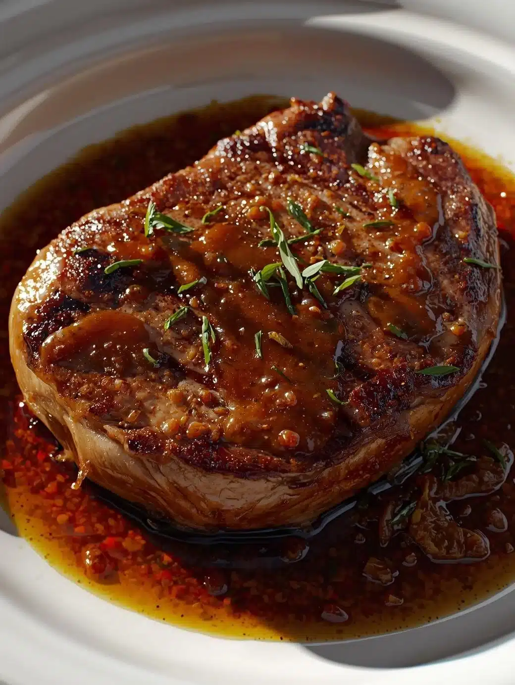 Delicious Bourbon Garlic Steak served with a fresh herb sauce on a plate.