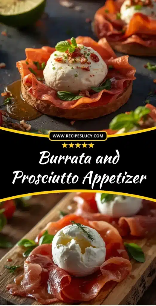 Delicious Burrata and Prosciutto appetizer served on a wooden board with herbs