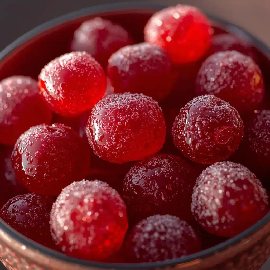 Bowl of homemade candied cranberries topped with sugar