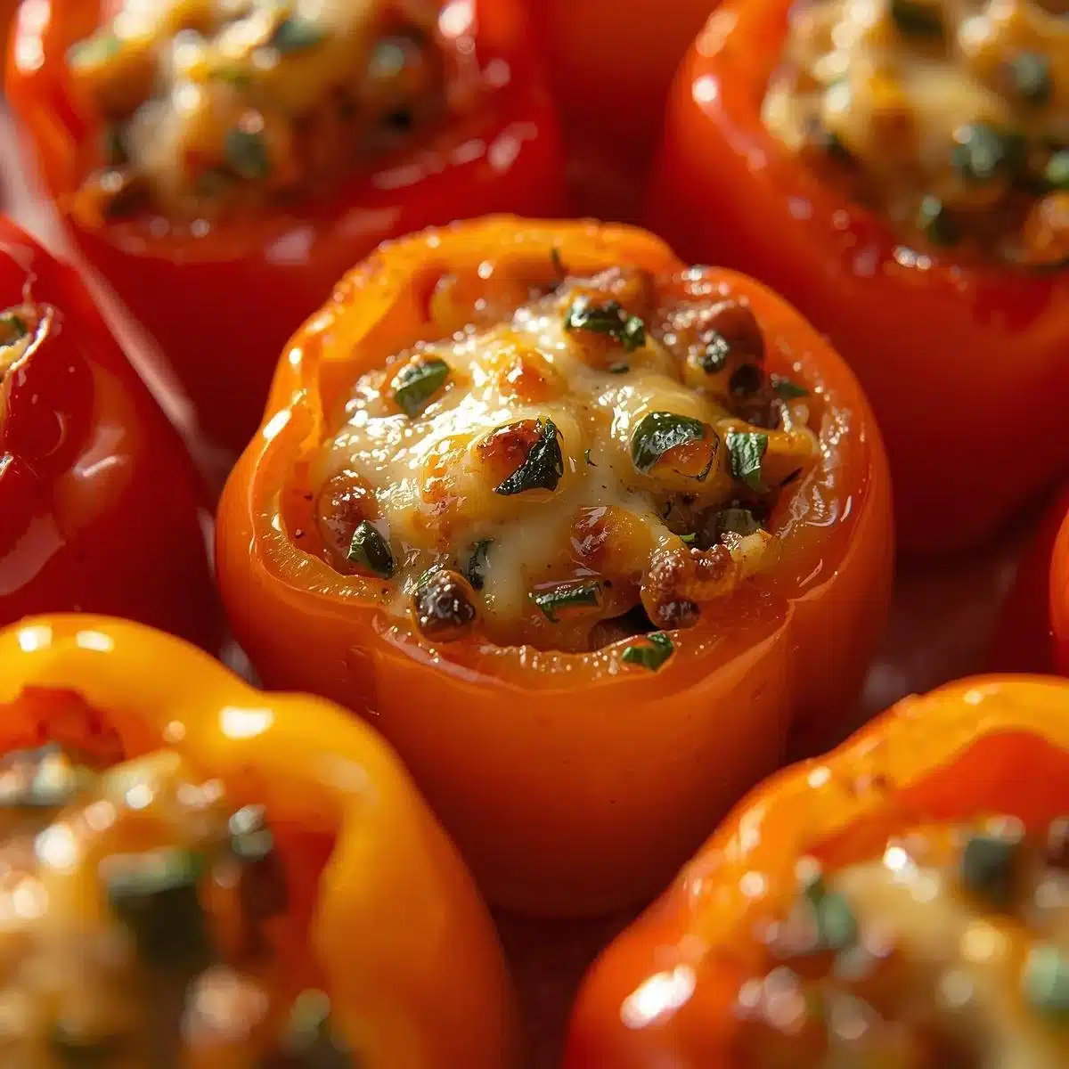 Cheese and herb stuffed mini peppers on a platter, ready to serve.