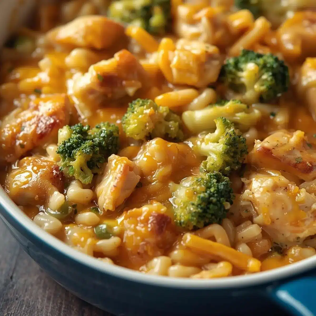 Cheesy broccoli chicken rice casserole baked to perfection in a dish.