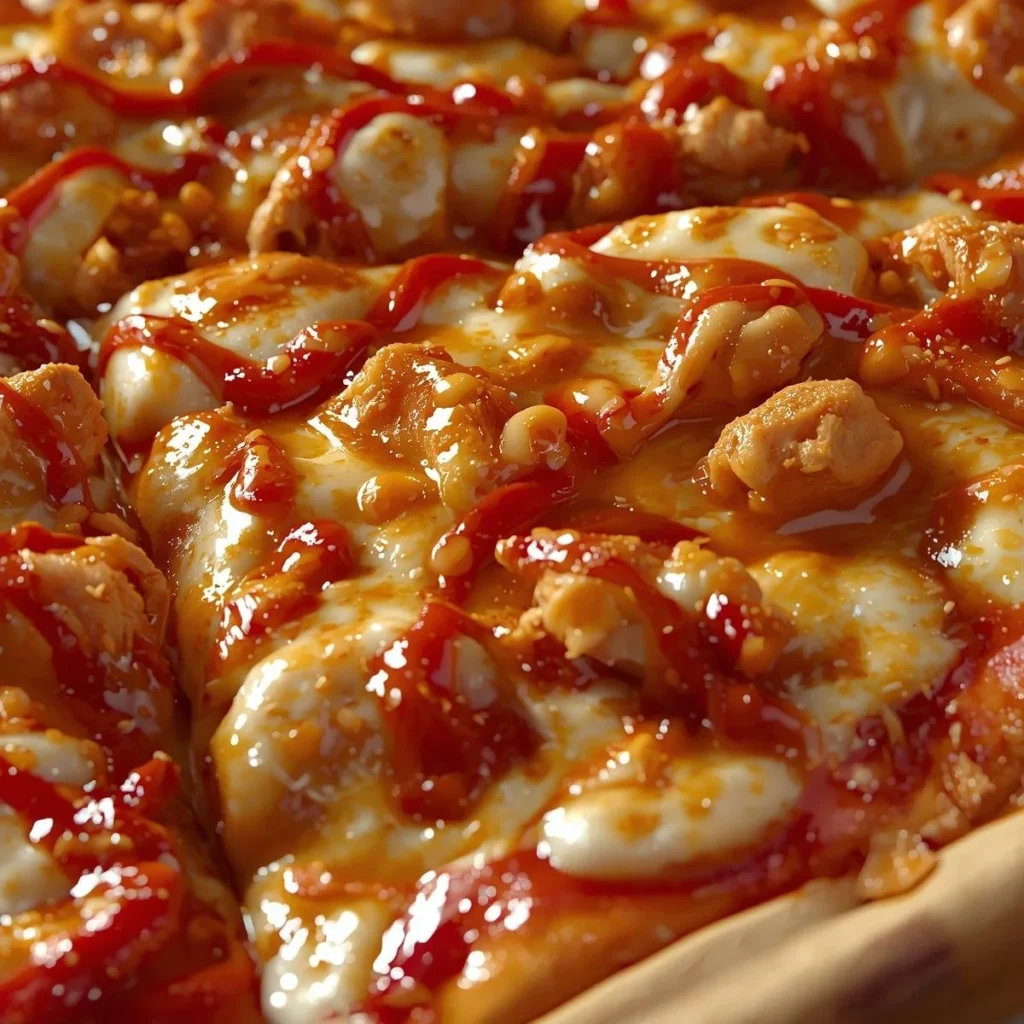 Chili Garlic Chicken Pizza topped with spicy chicken, garlic, and fresh vegetables.