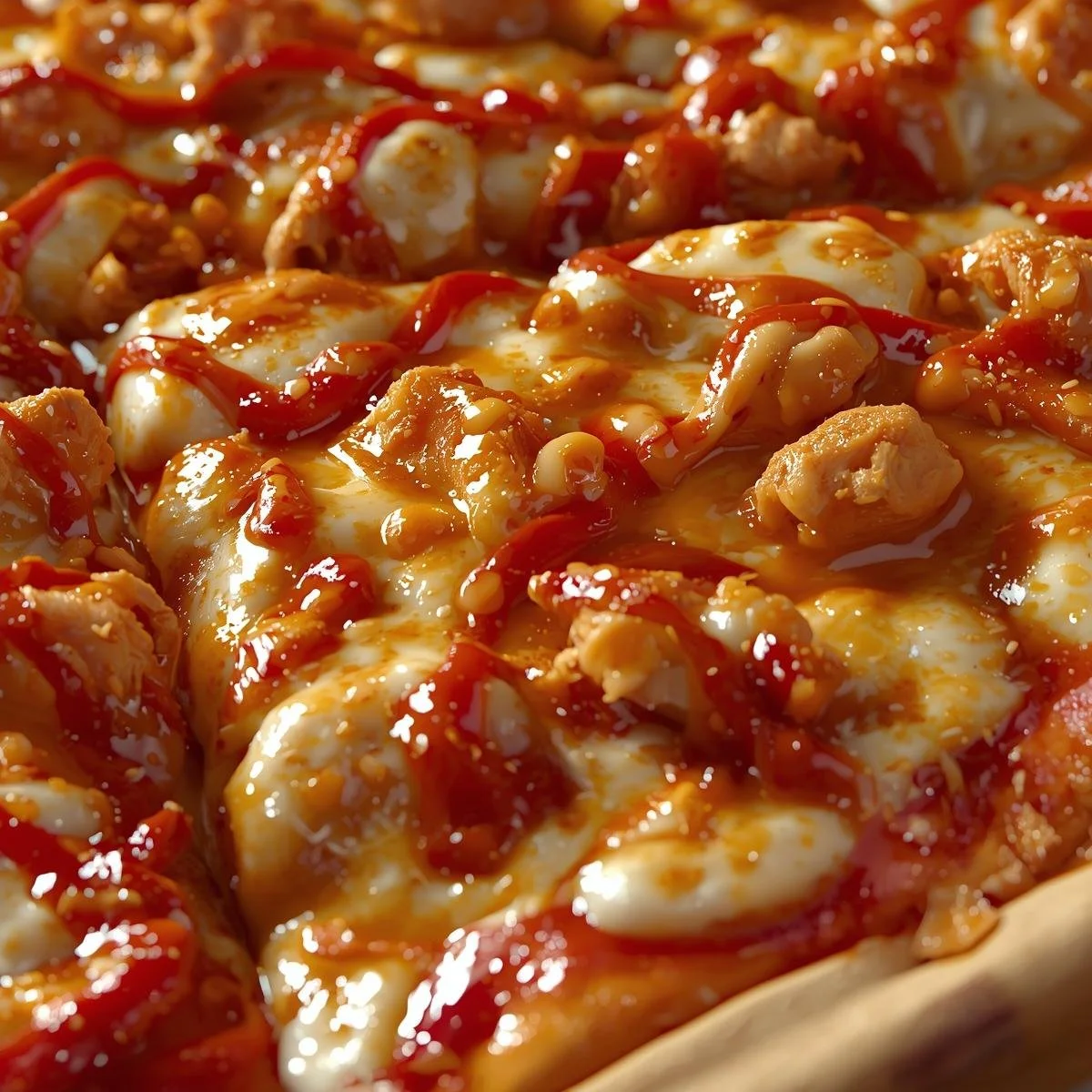 Chili Garlic Chicken Pizza topped with spicy chicken, garlic, and fresh vegetables.