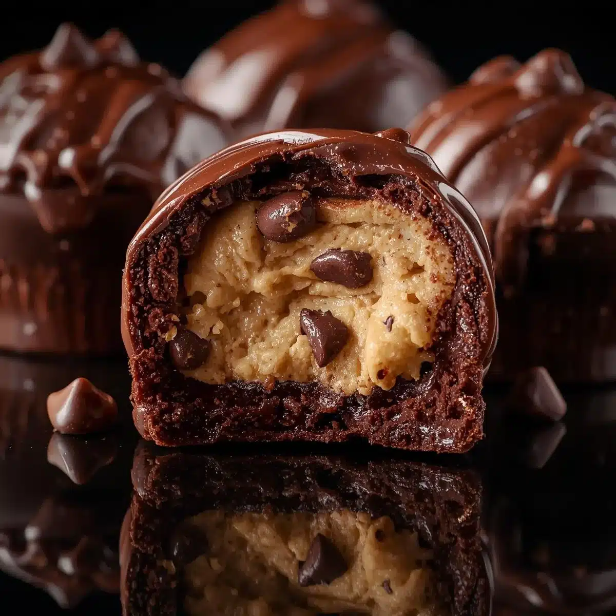 Chocolate Chip Cookie Dough Brownie Bombs ready to indulge in delicious chocolatey flavor.