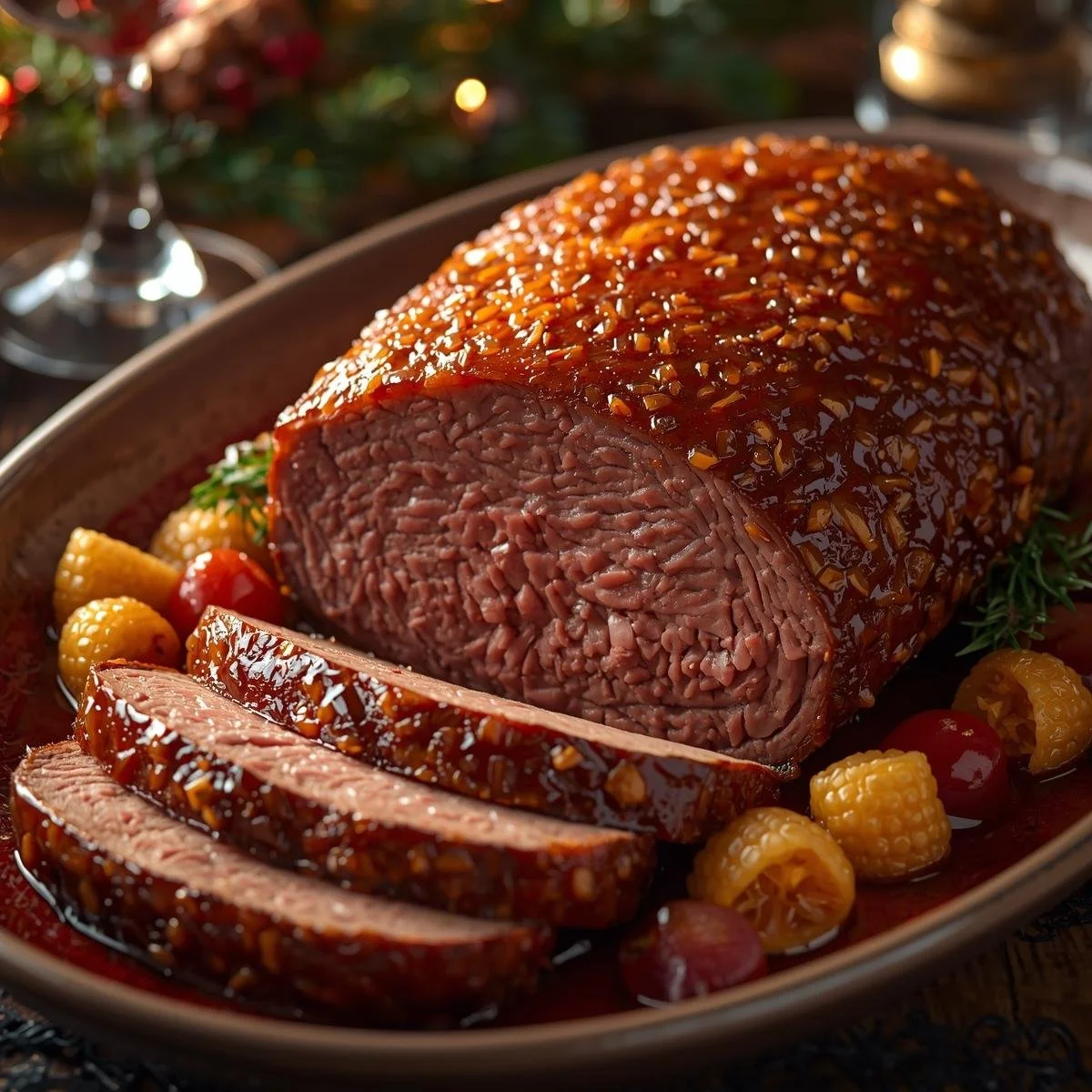 Christmas Baked Dijon-Brown Sugar Corned Beef recipe with festive spices