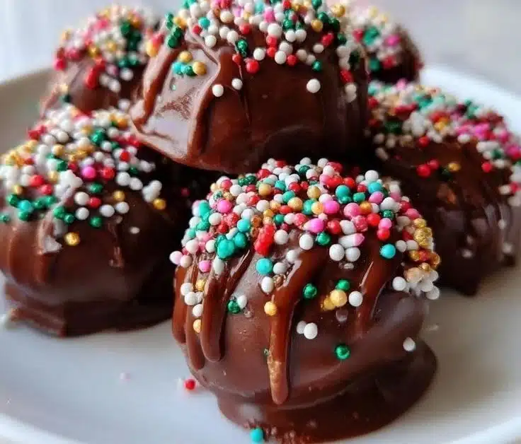 A display of festive Christmas Bites, decorated with colorful icing and holiday sprinkles.