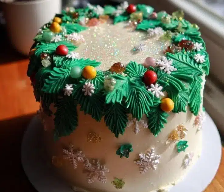 Beautifully decorated Christmas cake with festive toppings and vibrant colors