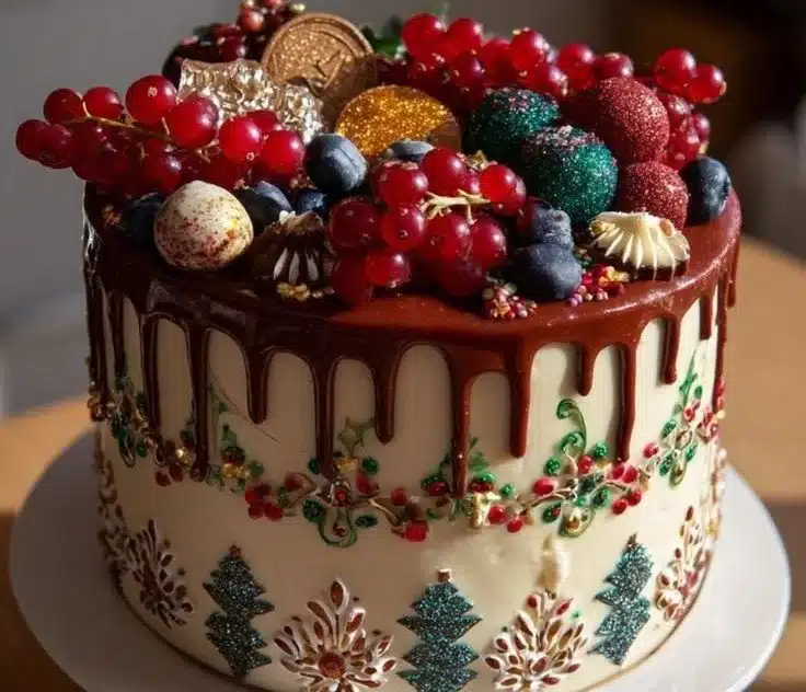 Beautifully decorated Christmas cake with festive decorations and vibrant colors