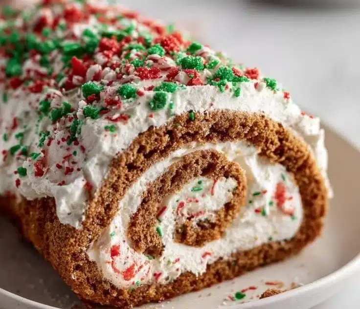 Homemade Christmas Cake Roll decorated for the holiday season