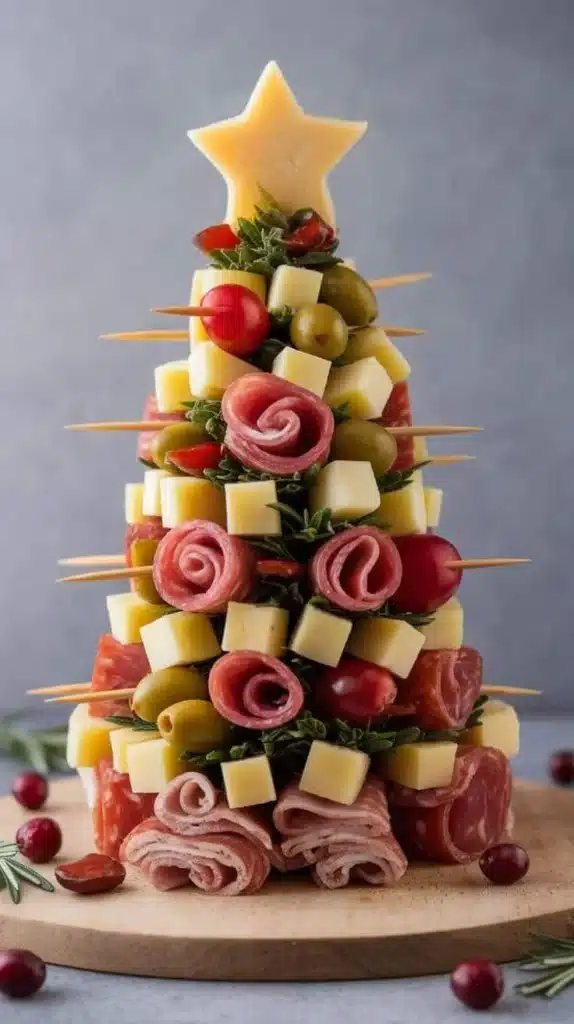 Beautiful Christmas charcuterie board featuring cheeses, meats, and festive decor.