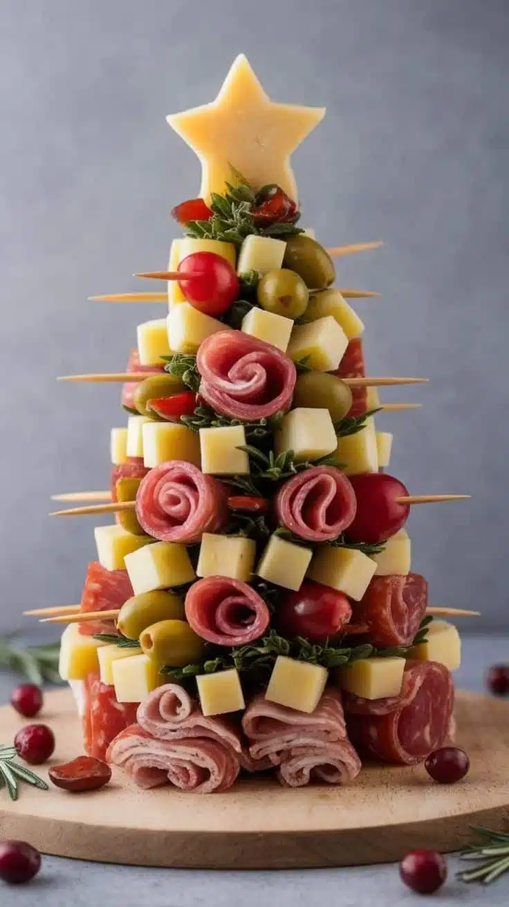 Beautiful Christmas charcuterie board featuring cheeses, meats, and festive decor.