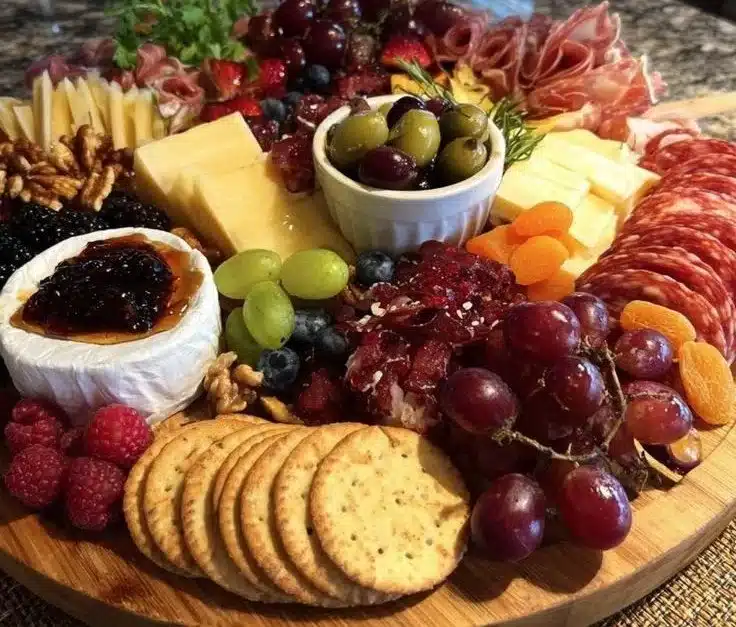 Elegant Christmas charcuterie board featuring meats, cheeses, and festive decor.