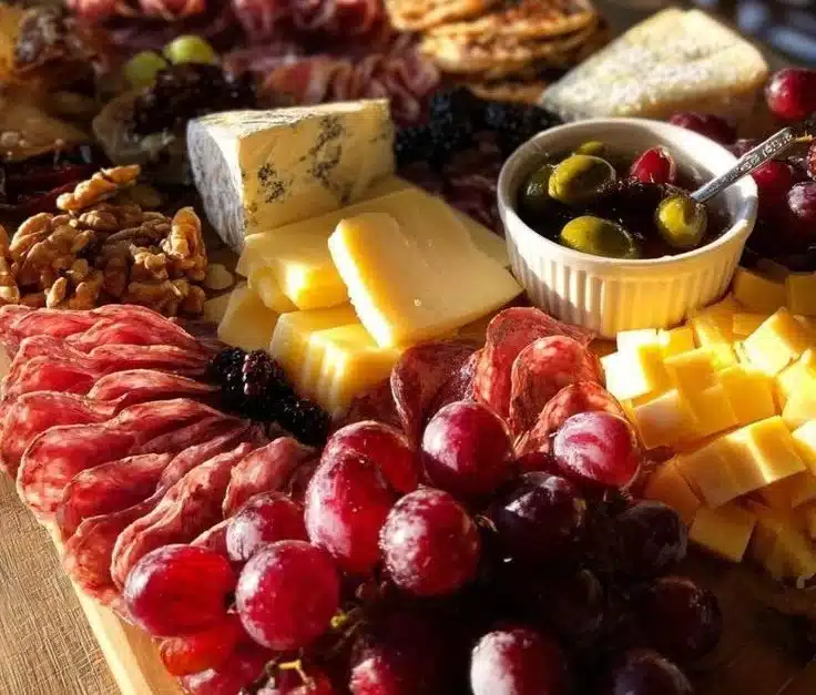 A beautifully arranged Christmas charcuterie board with meats, cheeses, and festive decor.