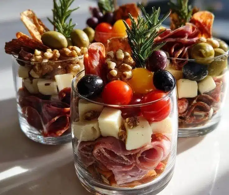 Festive Christmas charcuterie cups filled with meats, cheeses, and holiday treats.