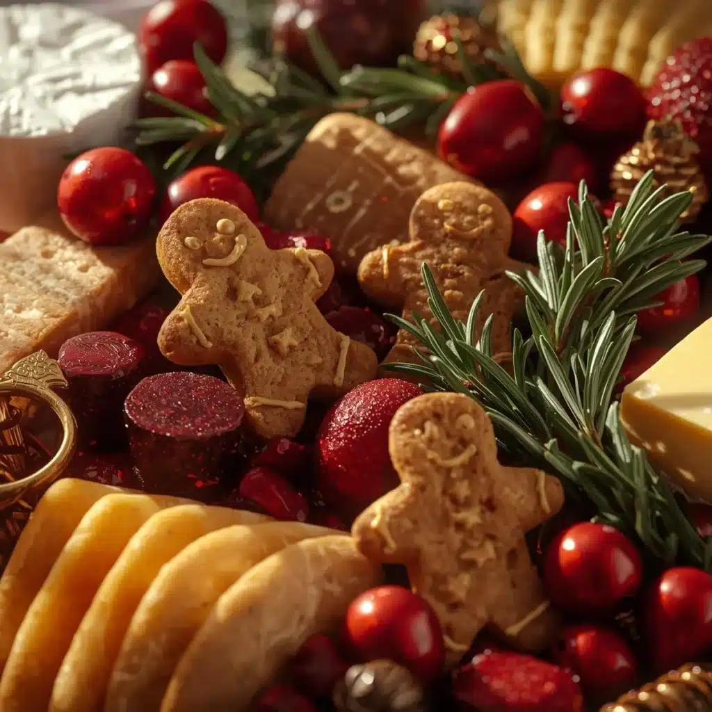 Christmas charcuterie platter featuring festive cheeses, cured meats, and seasonal decorations.