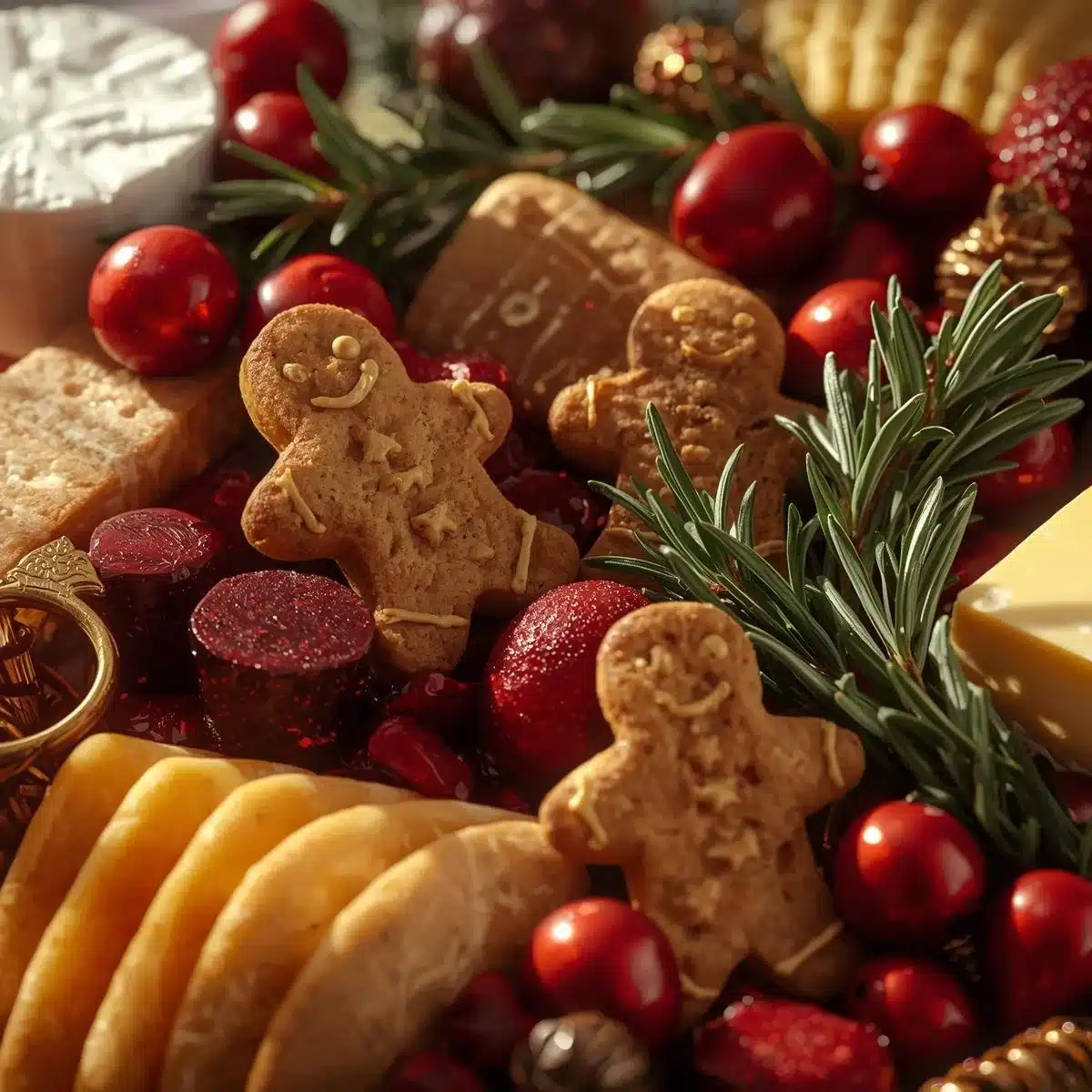 Christmas charcuterie platter featuring festive cheeses, cured meats, and seasonal decorations.
