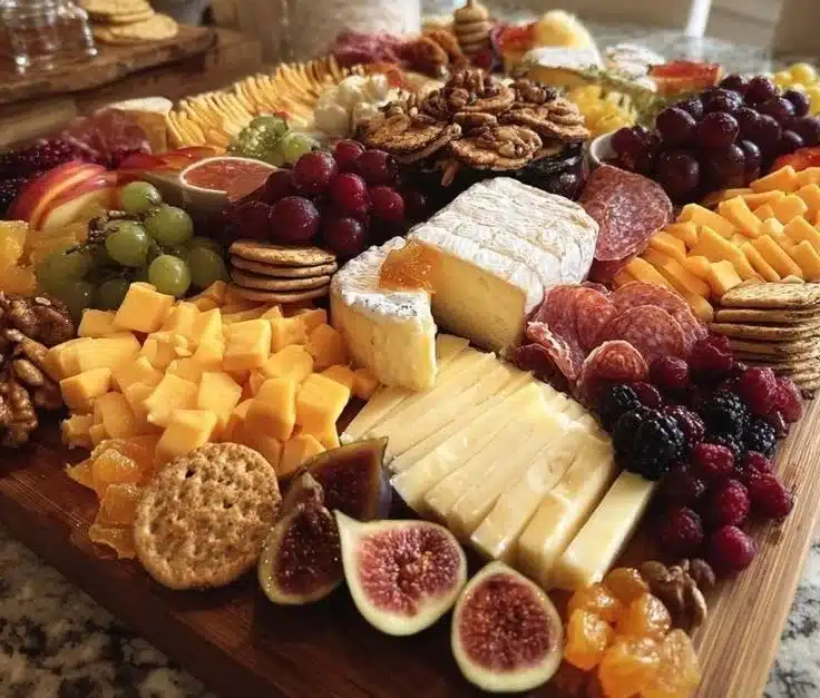 Deliciously arranged Christmas Cheese Board with festive toppings and wine.