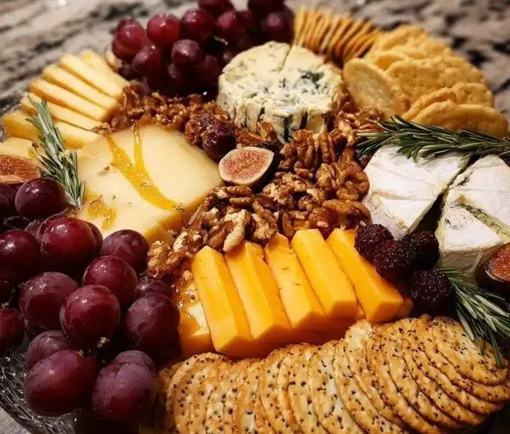 Beautiful Christmas cheese platter with assorted cheeses, fruits, and decorations.