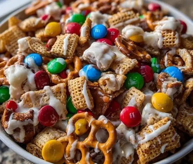 Colorful and festive Christmas Chex Mix served in a bowl with decorations.