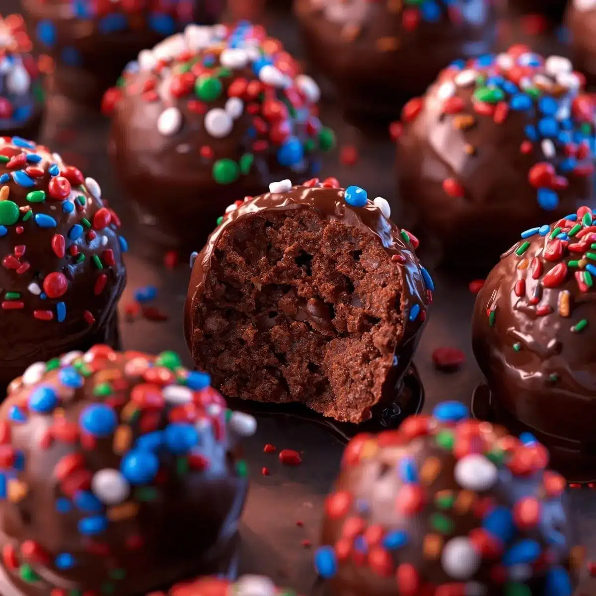 Festive Christmas chocolate rice krispie balls on a holiday-themed plate.