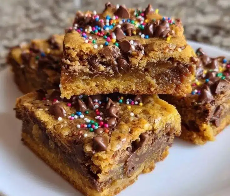 Plate of festive Christmas cookie bars with colorful toppings