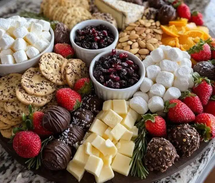 Festive Christmas cookie charcuterie board with various holiday cookies.