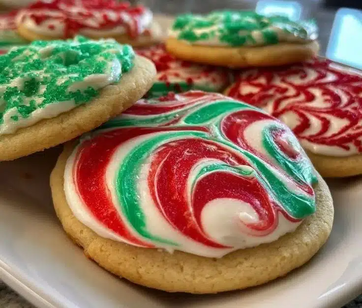 Festively decorated Christmas cookies with colorful frosting