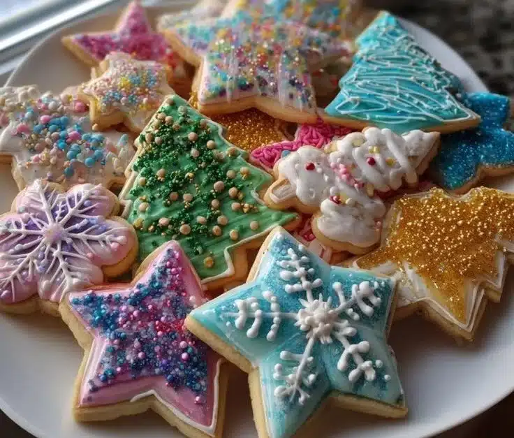 Homemade Christmas Cookies decorated with festive icing and sprinkles