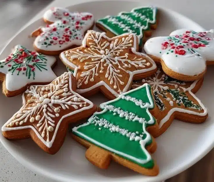 Beautifully decorated Christmas cookies with royal icing for holiday baking.