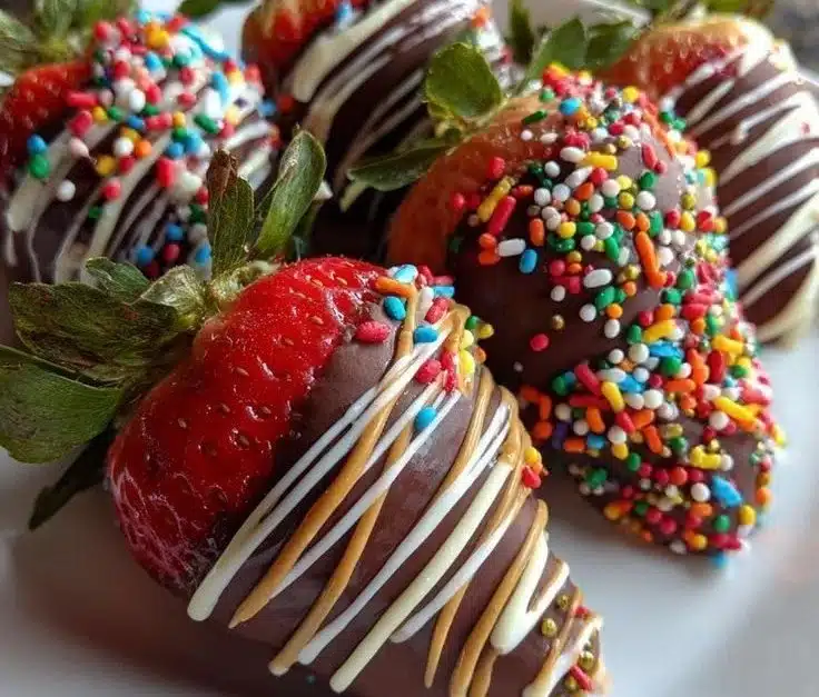 Festively decorated Christmas covered strawberries for the holiday season.