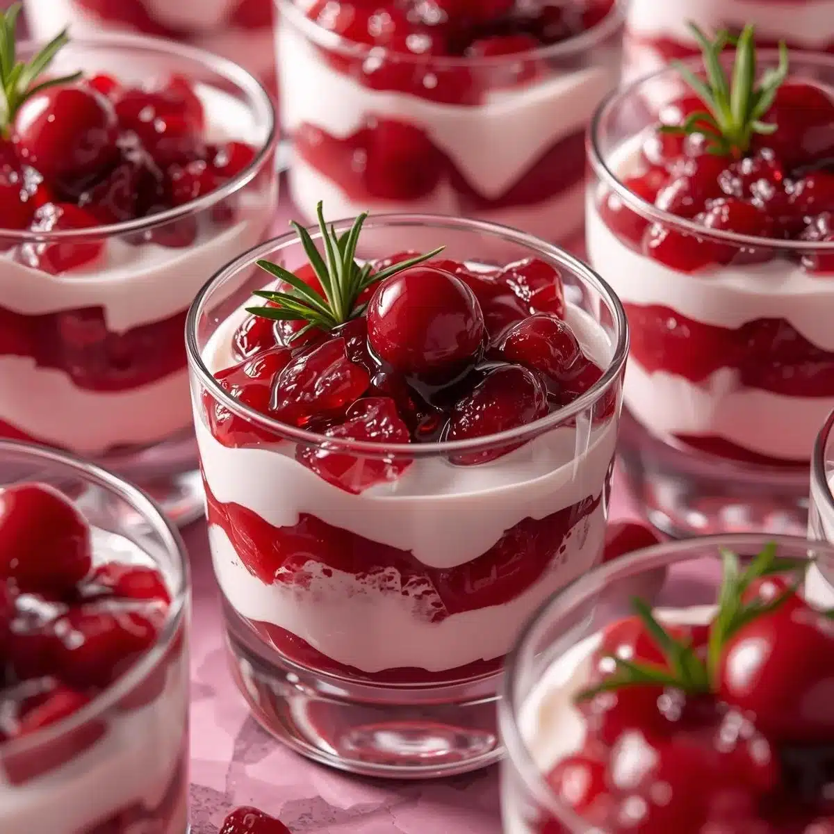 Christmas Cranberry Trifle cups with layers of cream cheese and cranberries
