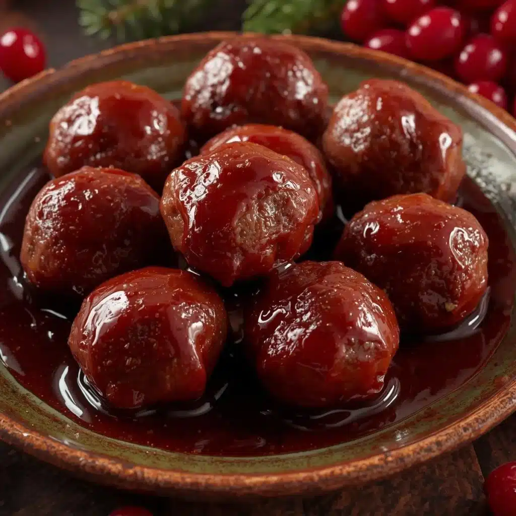 Christmas cranberry meatballs served on a festive platter