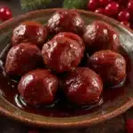 Christmas cranberry meatballs served on a festive platter