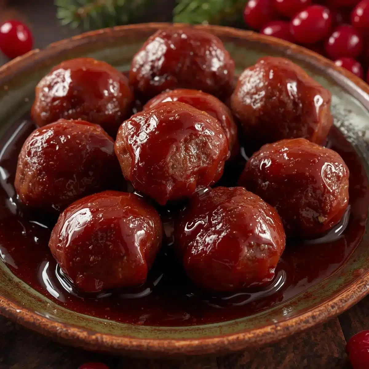 Christmas cranberry meatballs served on a festive platter