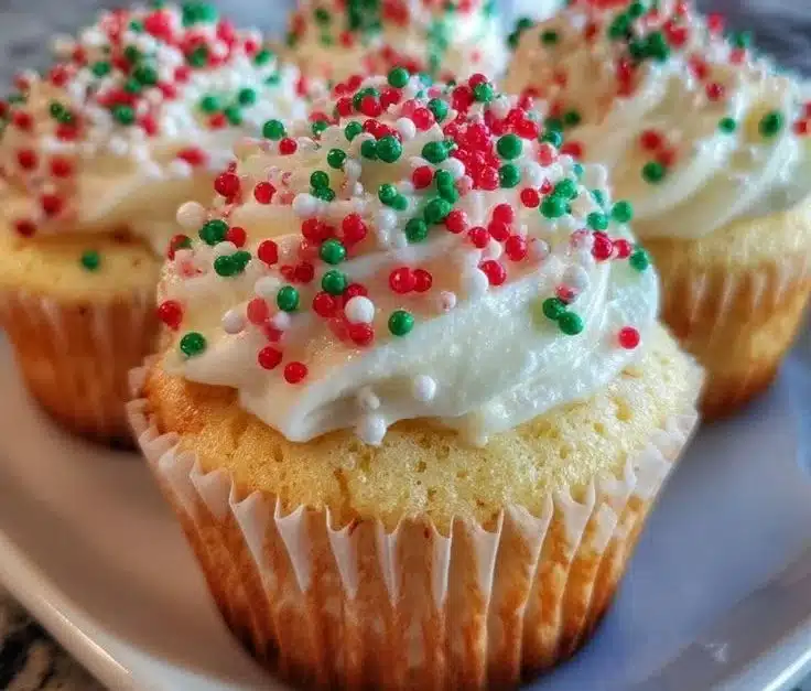 Colorful Christmas cupcakes decorated with festive icing and sprinkles